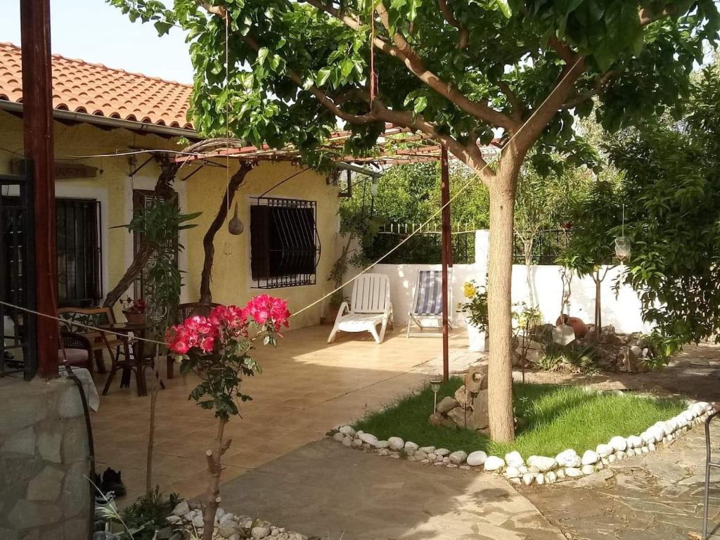 un patio con un árbol, una mesa y sillas en Panos and Chrisas House, en Dhrepanon