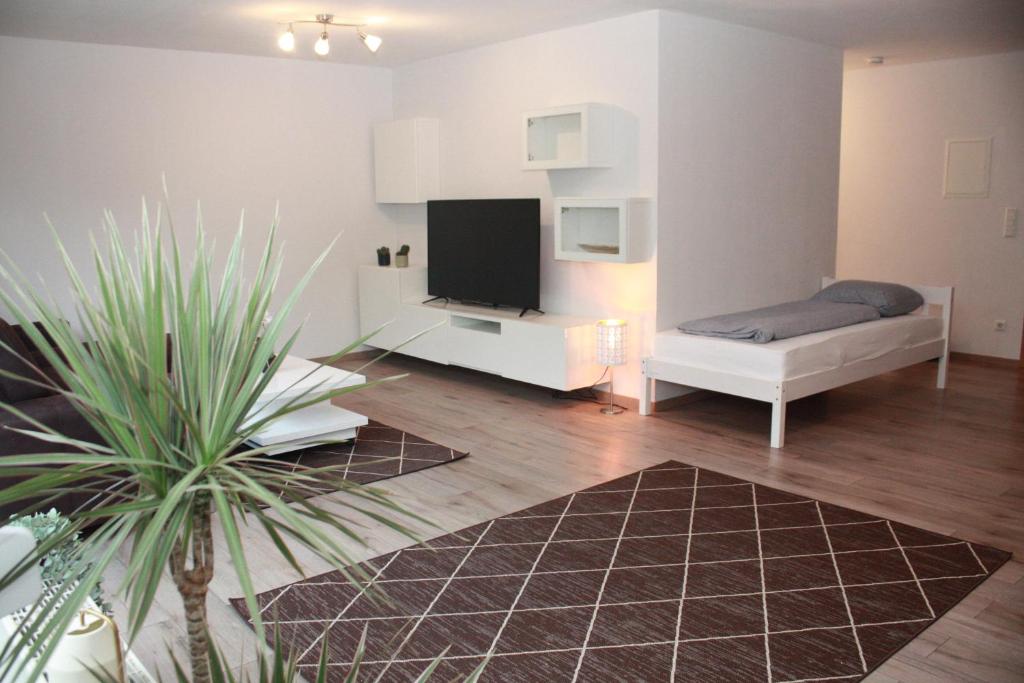ein Wohnzimmer mit einem Sofa und einem TV in der Unterkunft Wunderschöne Wohnung mit großen Terrasse in Mülheim Heißen in Mülheim an der Ruhr