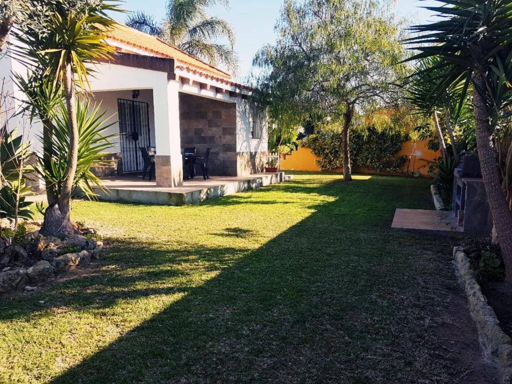 podwórko domu z palmami w obiekcie Chalet la Huerta 2 amplios jardines barbacoa y WiFi w mieście Conil de la Frontera