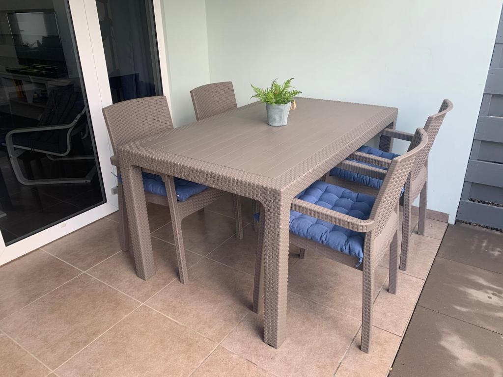 a wooden table with chairs and a potted plant on it at Blije Rust 10 in Willemstad