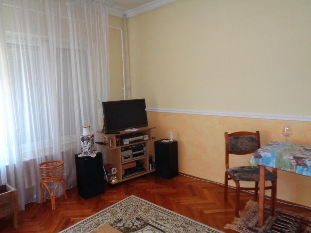 a living room with a television and a table and chairs at Kata apartment in Tolna