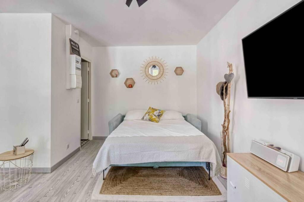 - une chambre avec un lit et une télévision à écran plat dans l'établissement Le Vallombrosa T2, à Cannes