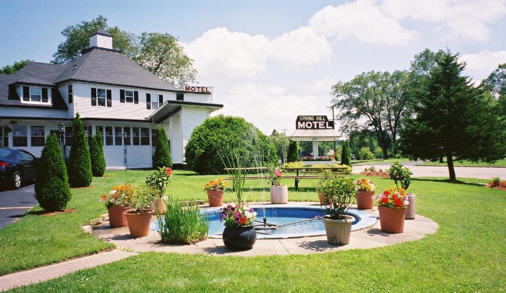 a house with a swimming pool and potted plants at Spring Hill Motel in Wisconsin Dells