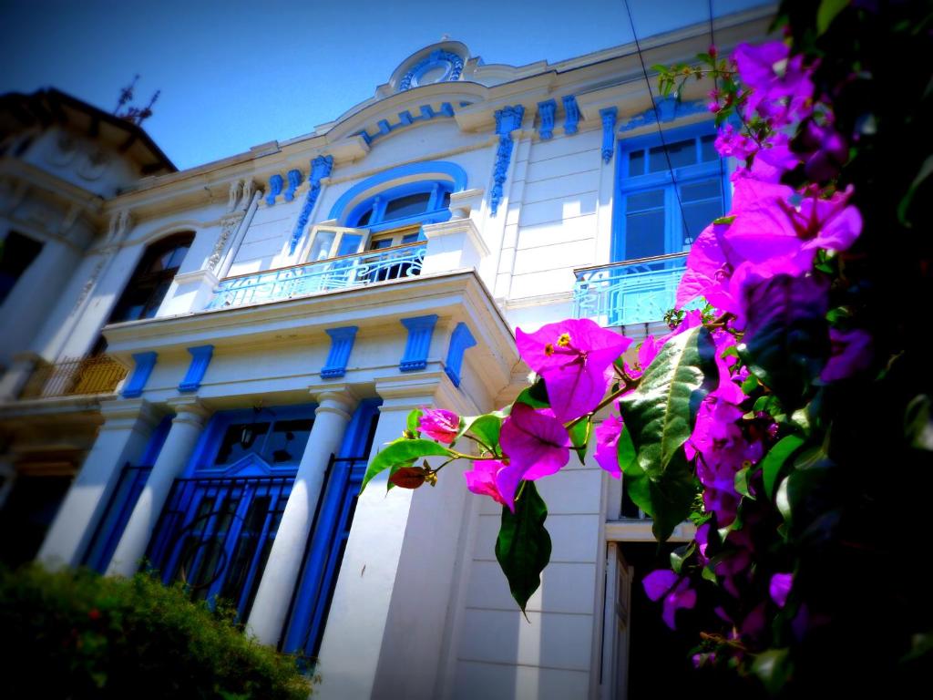 瓦爾帕萊索的住宿－Blanca Rosa Valparaiso B&B，白色的建筑,前面有紫色的花