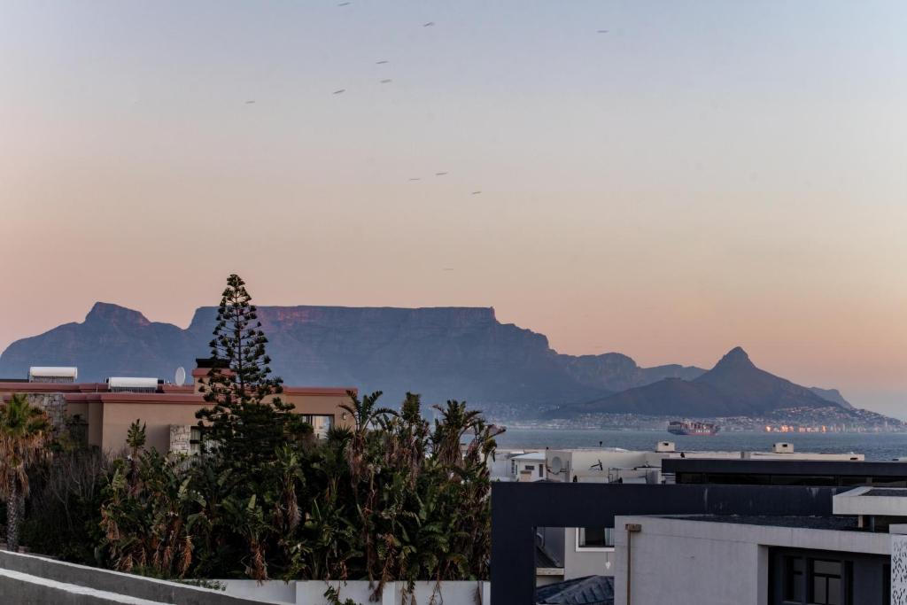 a view of the mountains from a building with a tree at Blaauw Village Guest House in Bloubergstrand