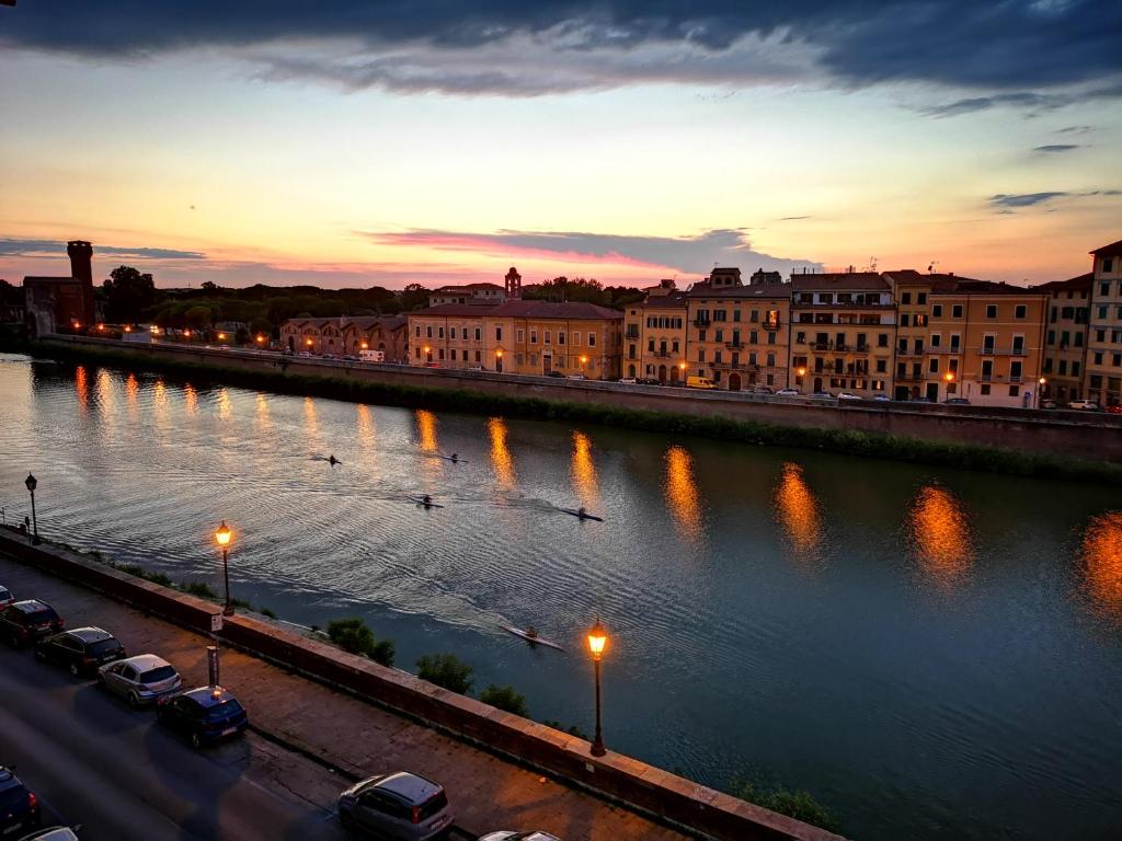 un fiume con edifici e anatre nell'acqua di Vacanze Pisane a Pisa