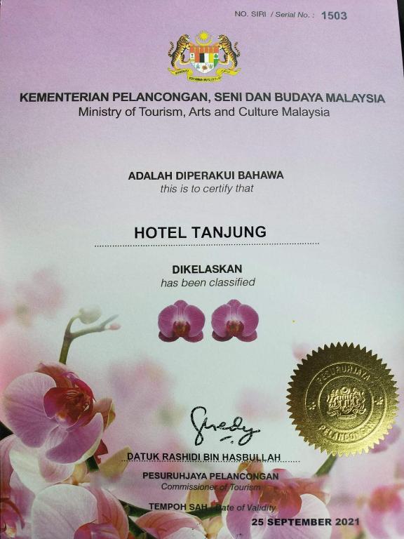 Certifikát, hodnocení, plakát nebo jiný dokument vystavený v ubytování Hotel Tanjong