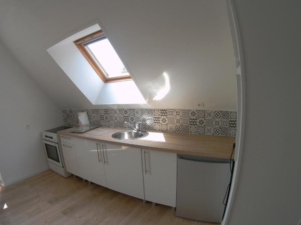 a small kitchen with a sink and a skylight at Au bonheur des Anes - Gite Maya in Le Quesnoy-en-Santerre