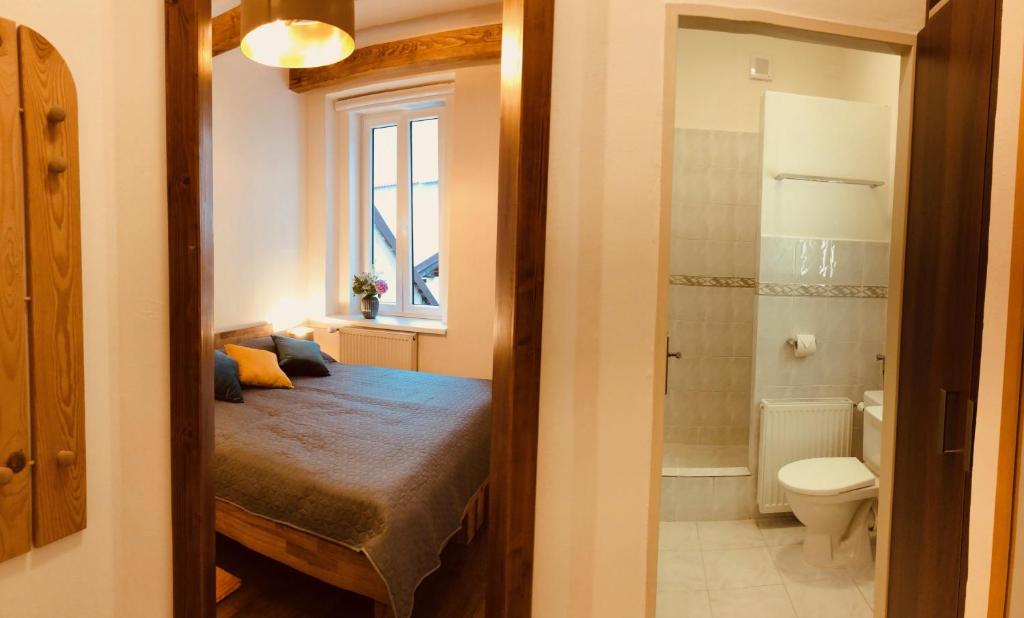 una piccola camera con letto e servizi igienici di Penzion Laterna a Litoměřice