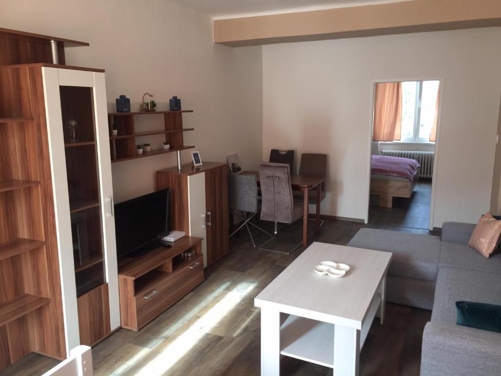 een woonkamer met een bank, een tv en een tafel bij Apartmán Melody in Ústí nad Labem
