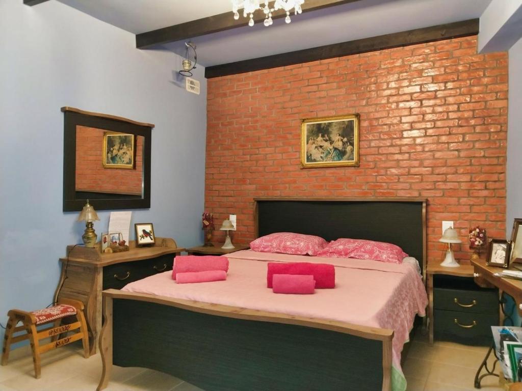 1 dormitorio con pared de ladrillo y 1 cama con almohadas rosas en Mama's Cozy Room 1 en Kalambaka