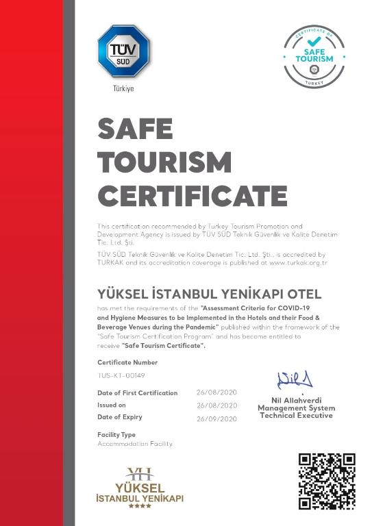 Yuksel Istanbul Yenikapı Hotel tanúsítványa, márkajelzése vagy díja