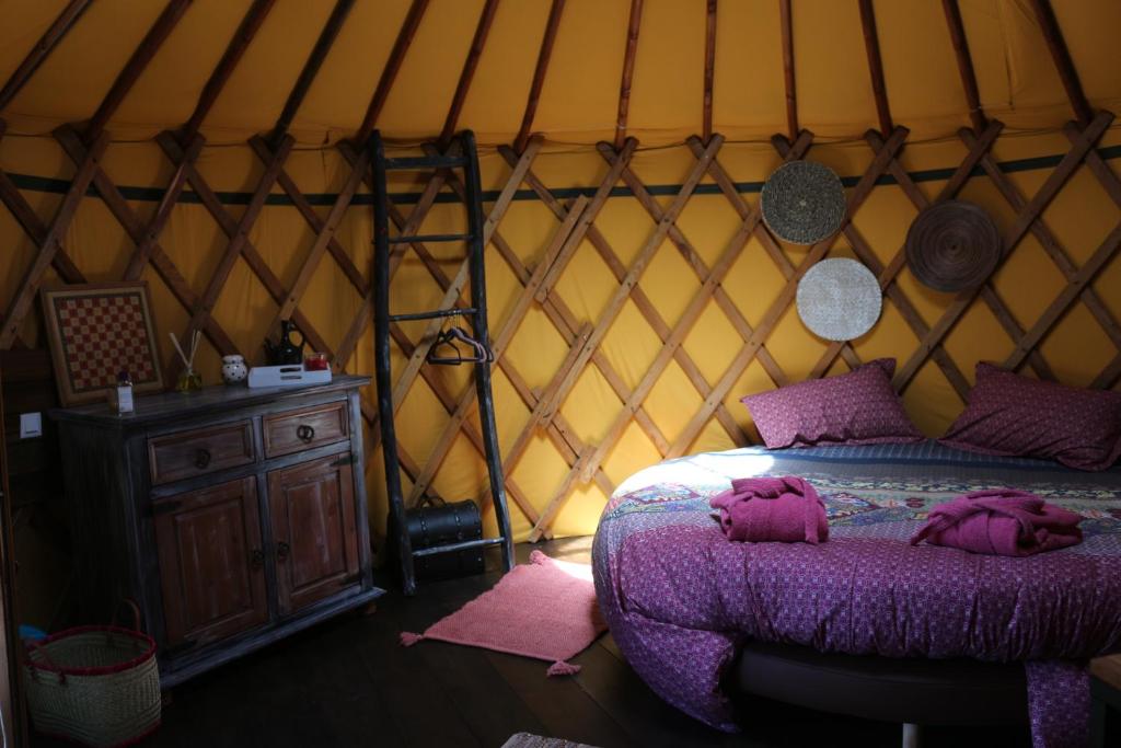 1 dormitorio con 1 cama en una yurta en yourtes coccinelles en Conchez-de-Béarn