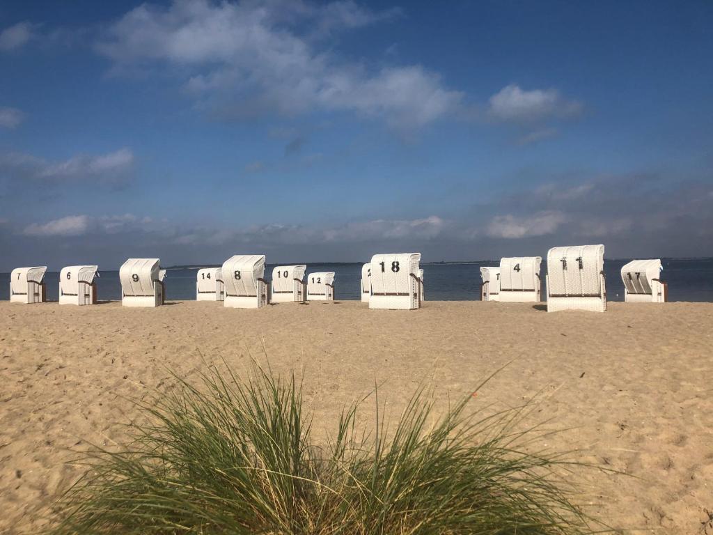 - une rangée de chaises longues sur la plage dans l'établissement Fietje 206 - Hohen Wieschendorf, à Hohen Wieschendorf