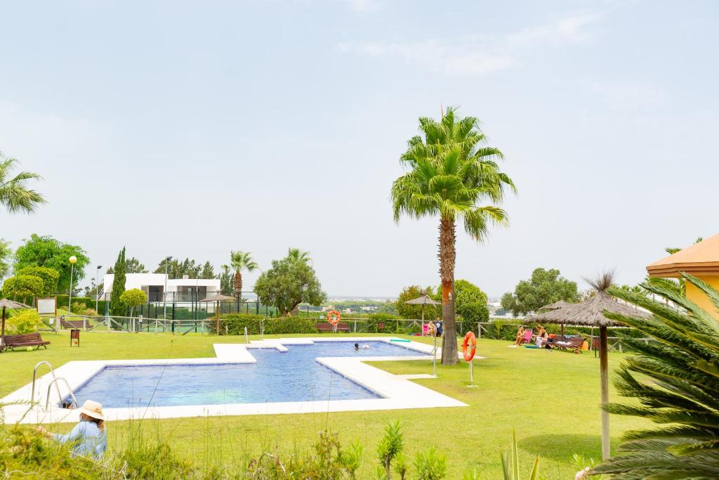 una piscina en un parque con palmeras en Flamingo Golf B, en Sanlúcar de Barrameda
