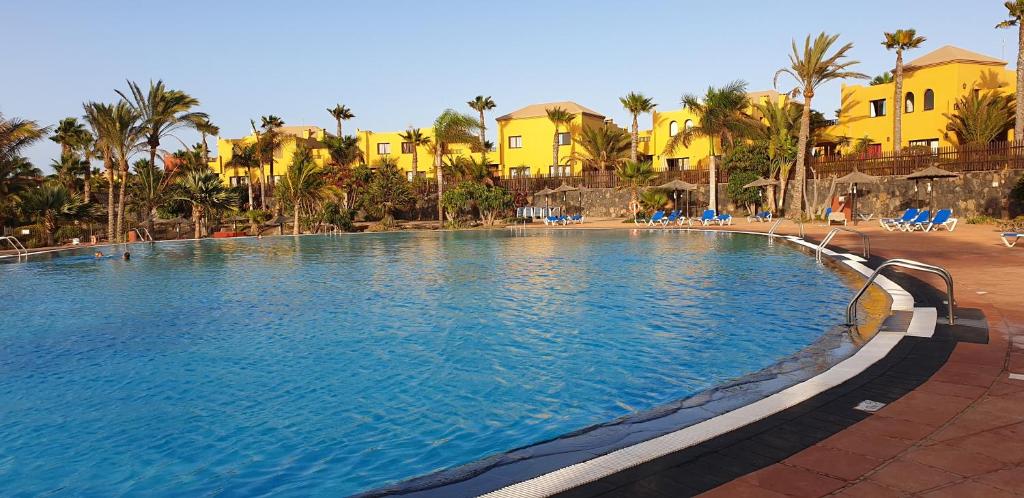 una grande piscina con palme e condomini gialli di Tamarindo I piscinas de agua salada a Corralejo