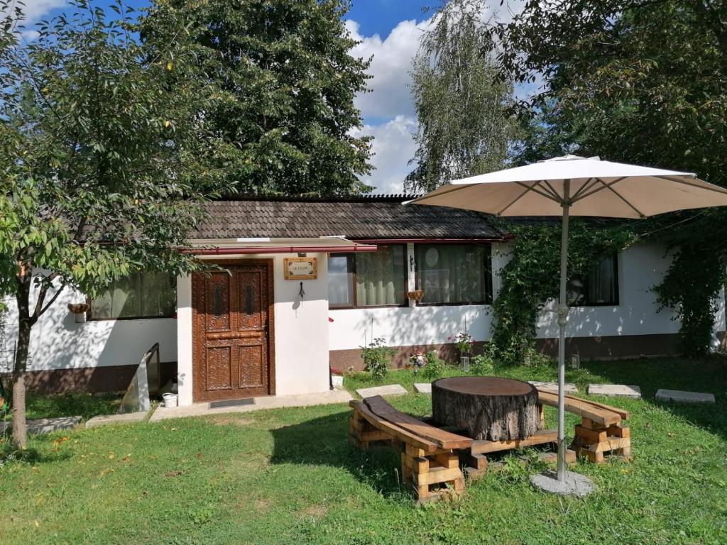 a table and an umbrella in front of a house at La Foisor in Măldăreşti