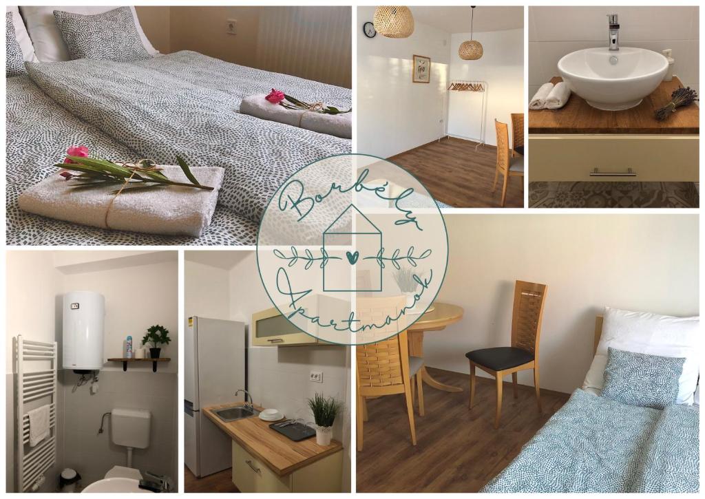 a collage of photos of a bedroom and a room at Borbély apartman in Nagykanizsa