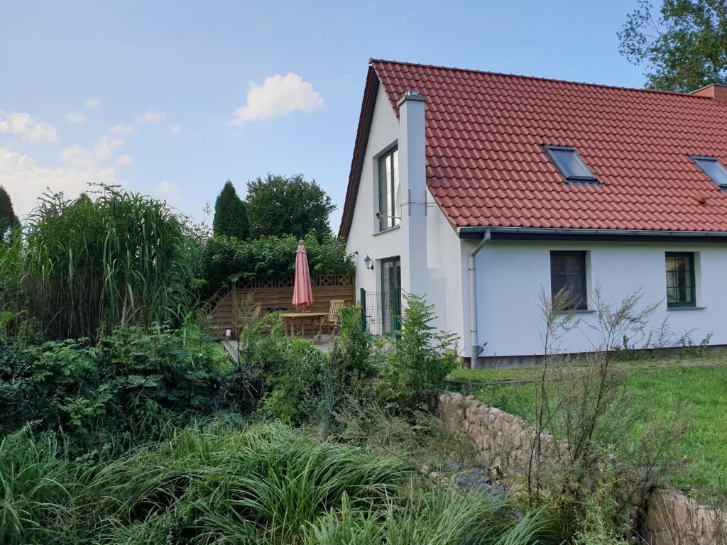 une maison blanche avec un toit rouge dans l'établissement Öko-Ferienhaus, à Rappin