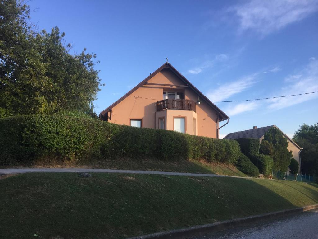 une maison sur une colline avec une haie dans l'établissement Baranya Apartman, à Áta