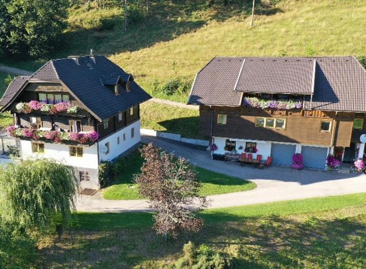 Ferienwohnung Vidmar في Arriach: اطلالة جوية على منزلين مع ورود في النوافذ