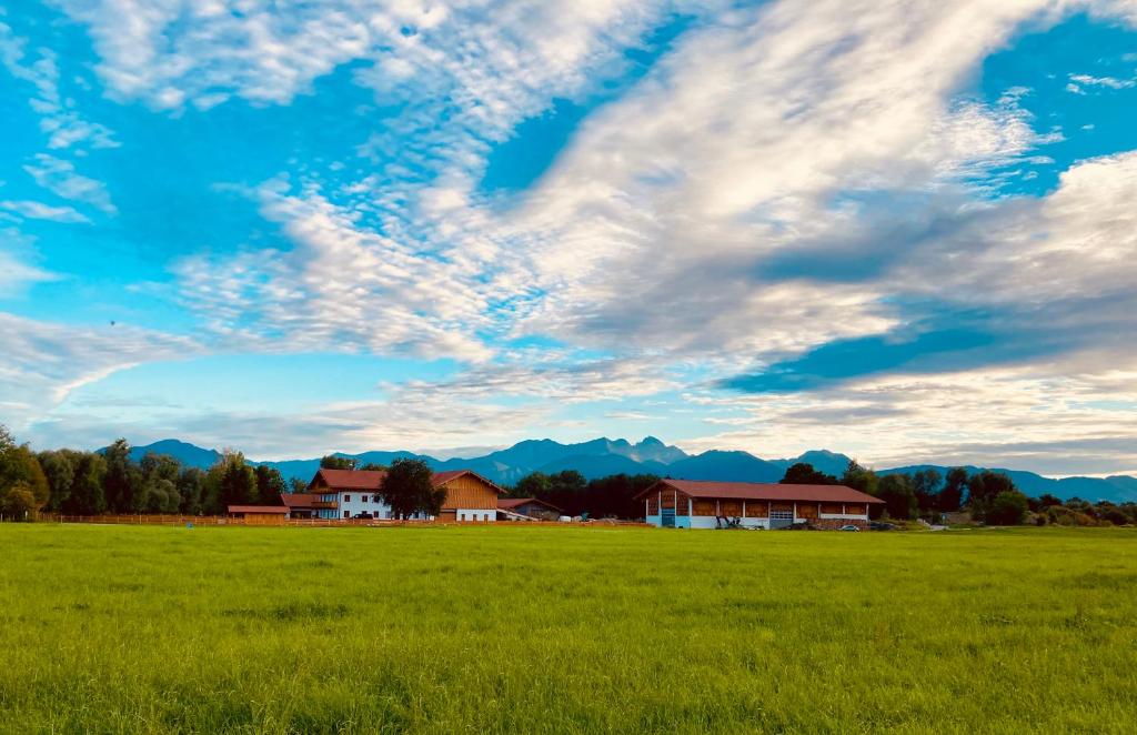 a green field with houses and a cloudy sky at ENTSPANNUNG AM SELTENHOF in Rosenheim