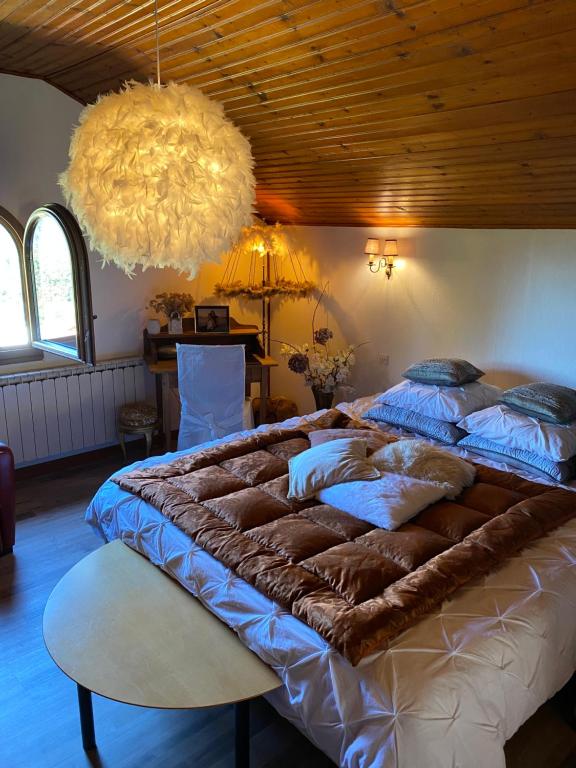 ein großes Bett in einem Schlafzimmer mit einer Decke in der Unterkunft L’hippocampe in Wangenbourg