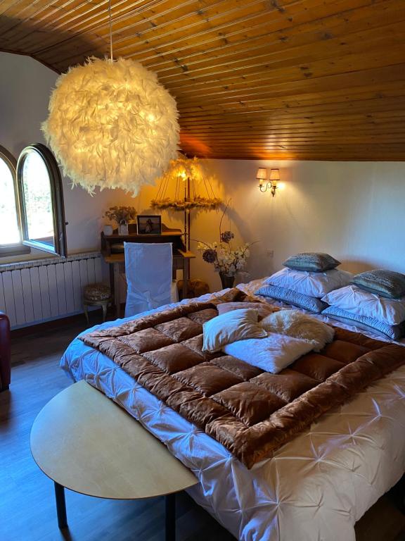 un grande letto in una camera da letto con soffitto di L’hippocampe a Wangenbourg