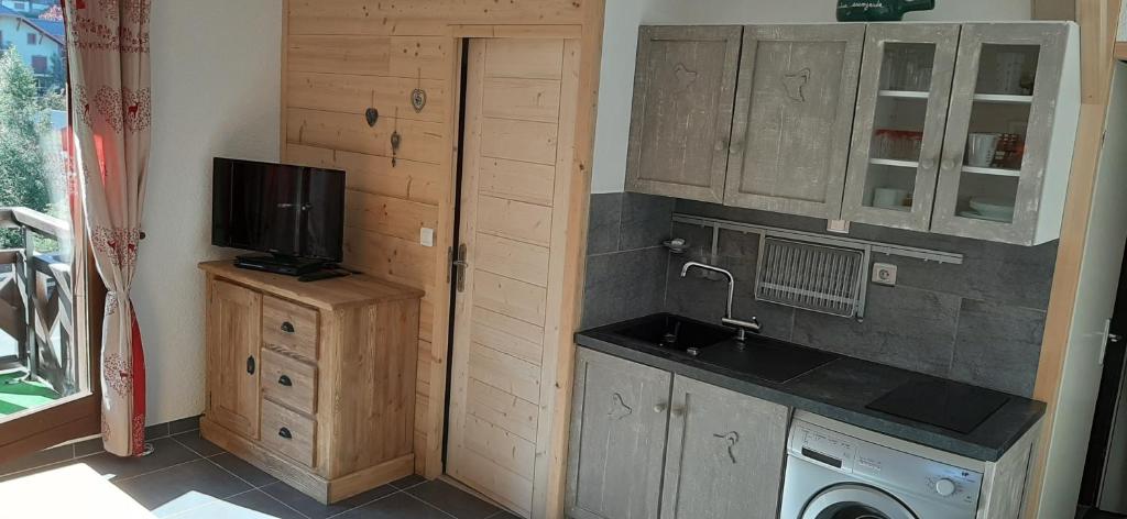 a kitchen with a washing machine and a tv at Appartement 4 pers Saint Gervais les Bains in Saint-Gervais-les-Bains