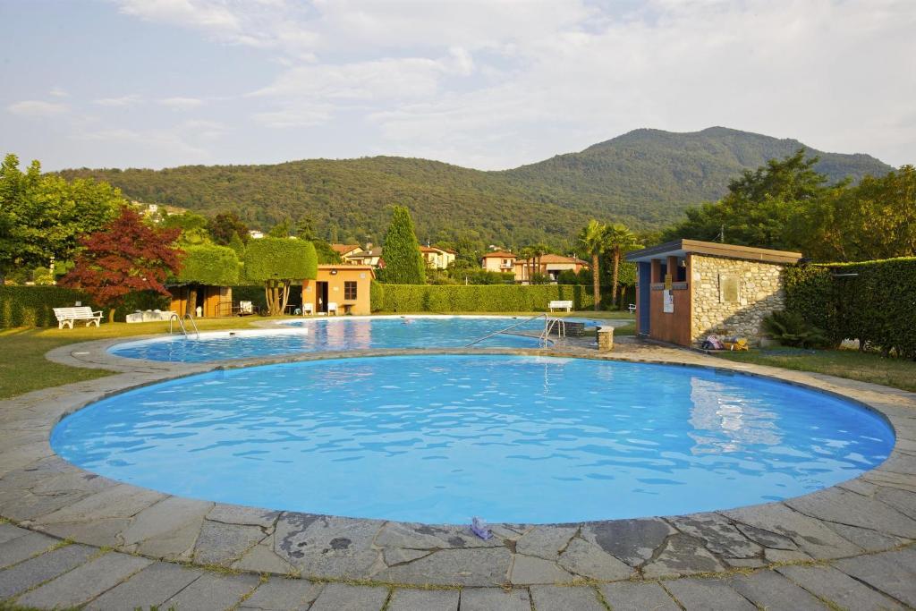 a large pool in a yard with mountains in the background at Parco Belmonte in Brezzo