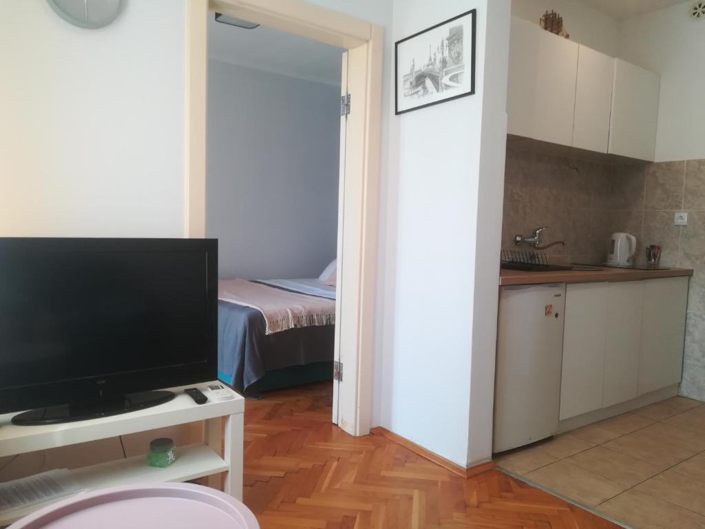 sala de estar con TV de pantalla plana y cocina en King apartment, en Novi Sad