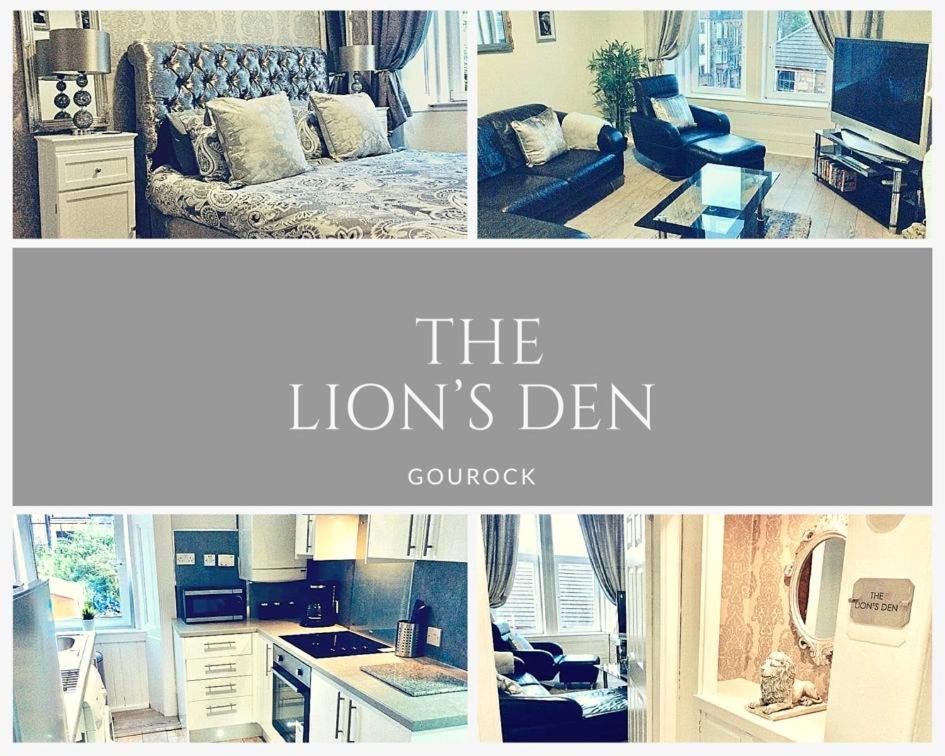 a collage of a kitchen and a living room at THE LION'S DEN ON ROYAL STREET in Gourock