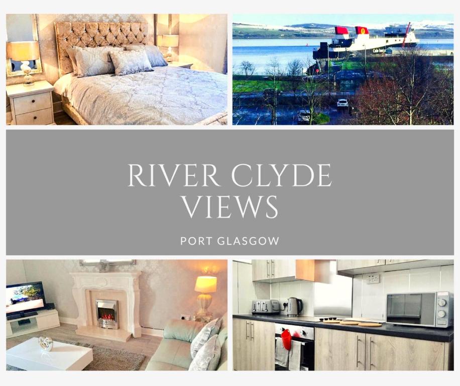 un collage de tres fotos de una cocina y un dormitorio en RIVER CLYDE VIEWS - PRIVATE & SPACIOUS APARTMENT, en Port Glasgow