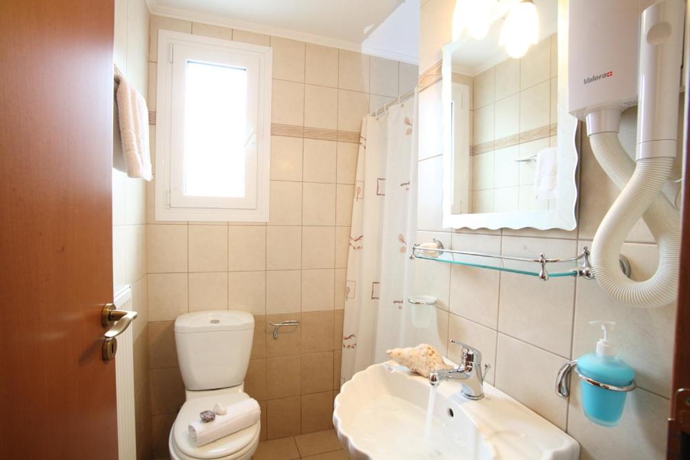 a bathroom with a toilet and a sink and a mirror at Evridiki's Villas in Agios Nikitas