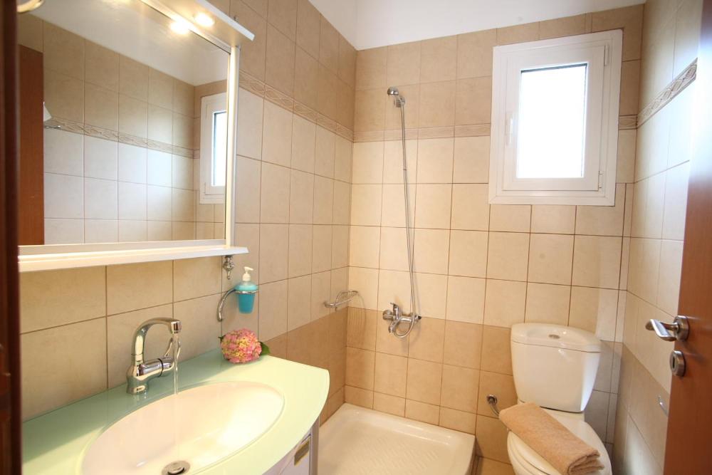 a bathroom with a sink and a toilet and a mirror at Evridiki's Villas in Agios Nikitas