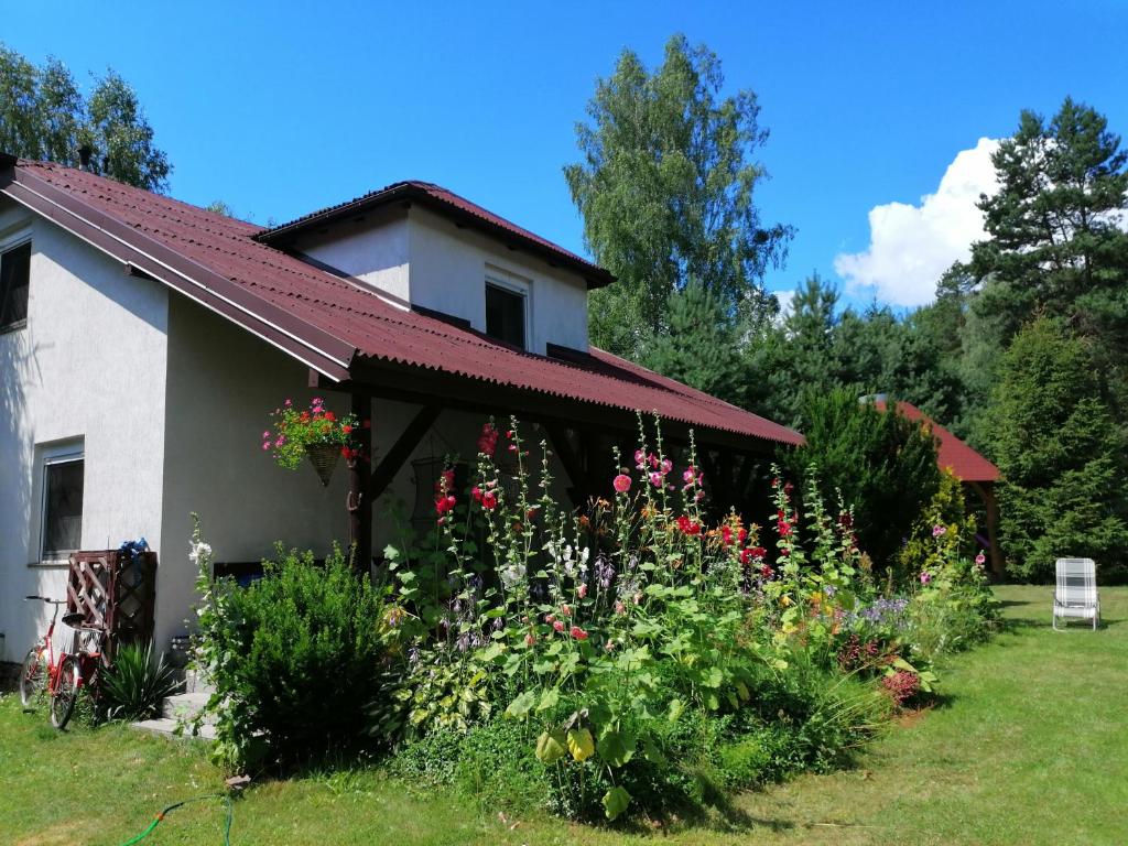 a house with a garden with flowers in the yard at Mazurskidom Zapiecek in Świętajno