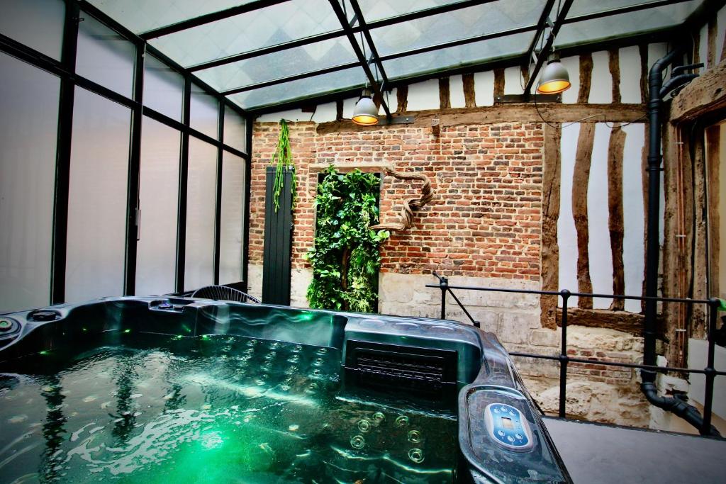 a bath tub in a room with a window at L'Atelier 1742 - Atypique jacuzzi Rouen Centre in Rouen