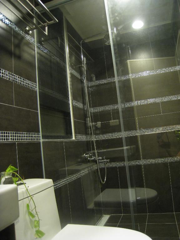 a bathroom with a shower and a toilet in it at Penghu 123 V-Stone in Magong