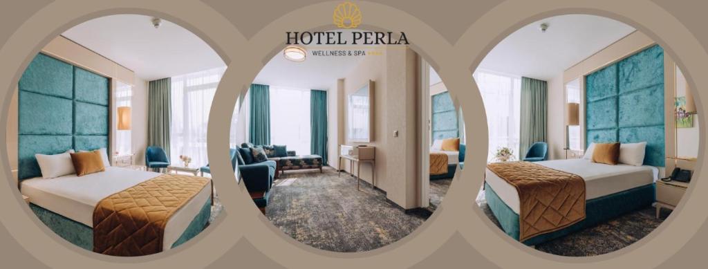 two pictures of a hotel room with two beds at Hotel Perla in Baile Unu Mai