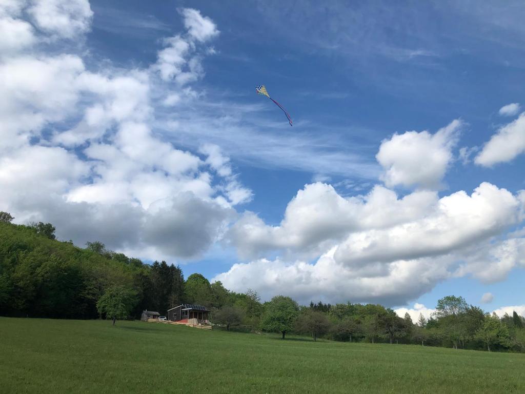 a kite flying in the sky over a field at Sunrise Cabin et Sauna in Rothbach