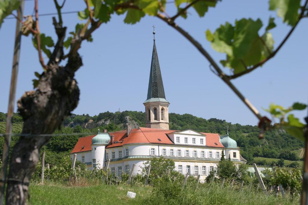 um grande edifício com uma torre no topo de uma colina em Schloss Gumpoldskirchen em Gumpoldskirchen