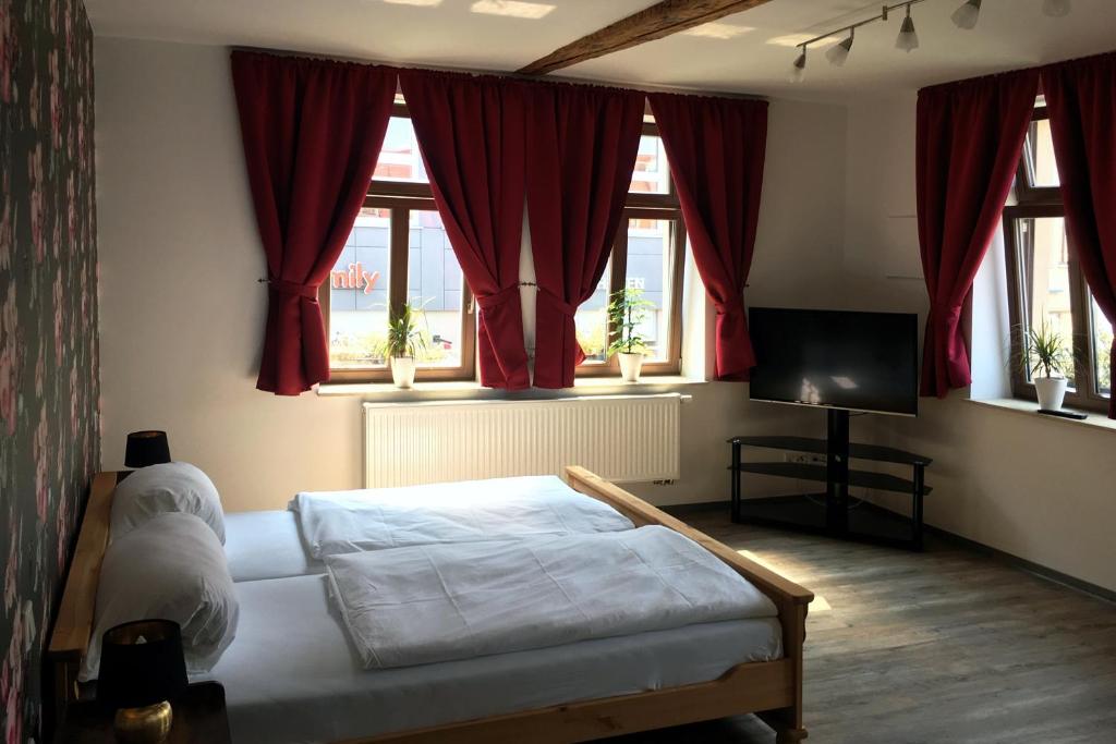 a bedroom with a bed and a tv and windows at Restaurant & Pension Stadtscheune in Köthen