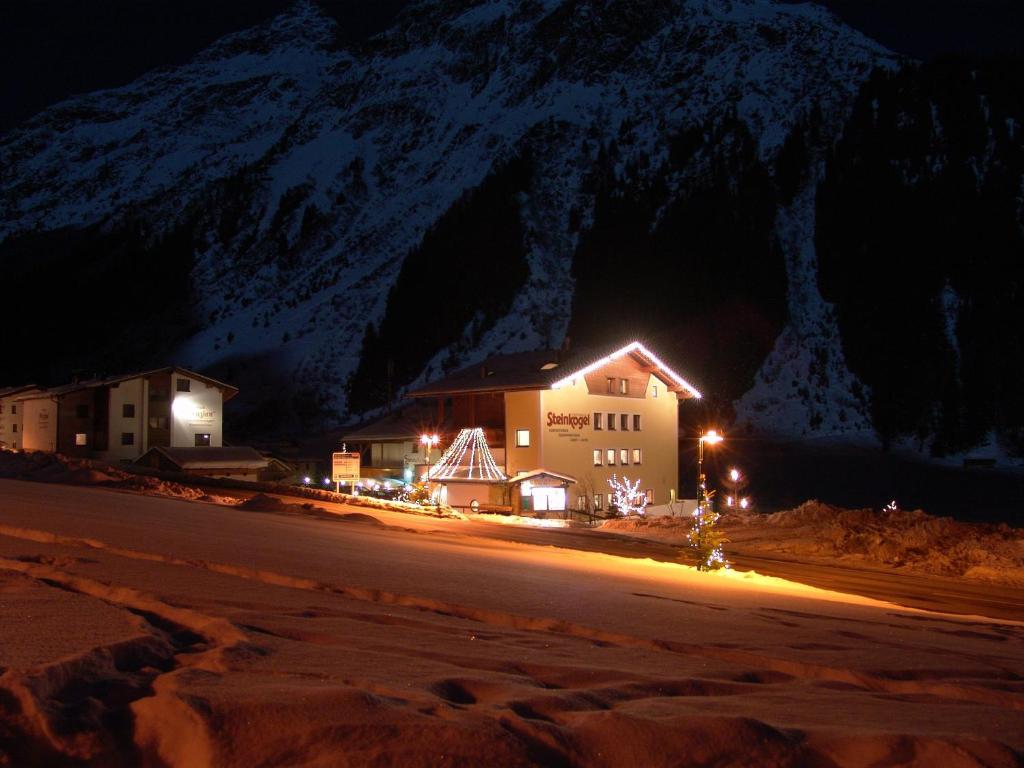 ザンクト・レオンハルト・イム・ピッツタールにあるPension Steinkogelの山前のクリスマス灯付きの建物