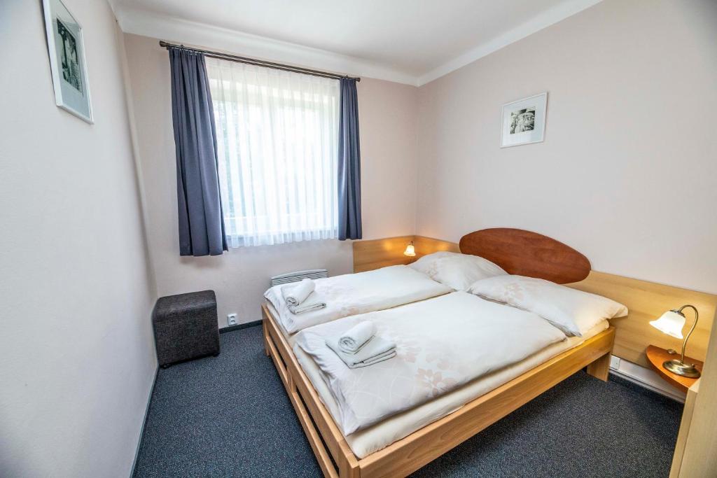 a bedroom with a bed and a desk and a window at Parkhotel Skalní město in Jičín