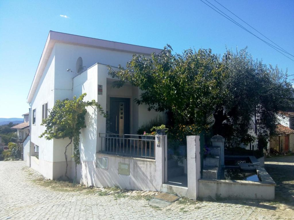 una pequeña casa blanca con un árbol delante en Casa da Oliveira, en Milhão