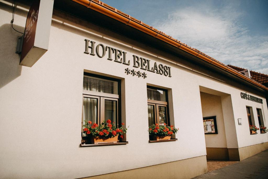 un edificio con tres ventanas con macetas de flores. en Hotel BELASSI, en Bojnice