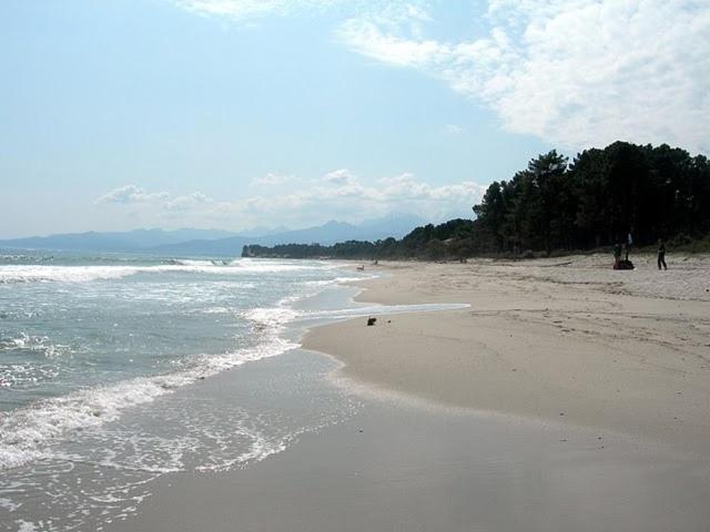 a beach with people walking on the sand and the ocean at Résidence Santa in Ghisonaccia