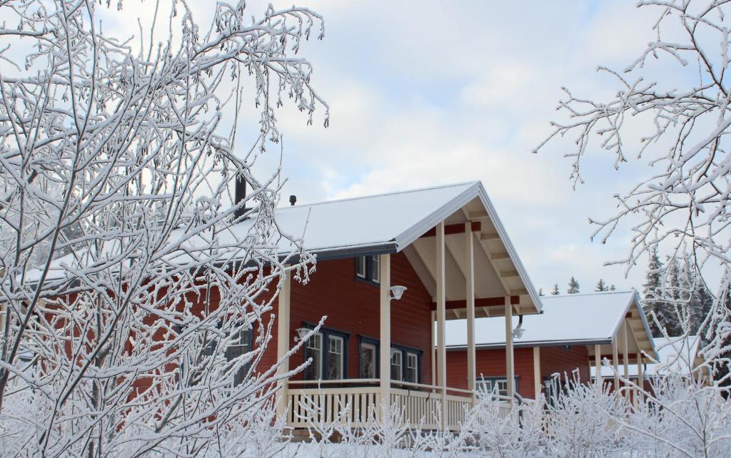 a red cabin in the snow with snow covered trees at Himoseasy Cottages in Jämsä
