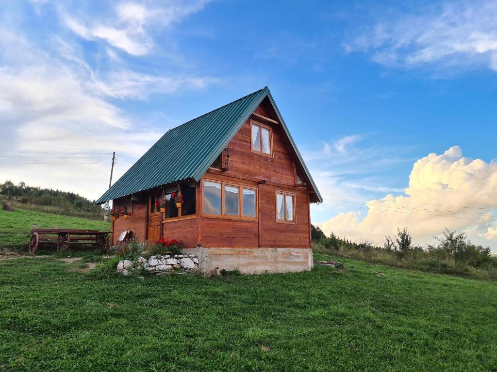 Cabaña de madera con techo verde en un campo en Markove kolibe 1, Uvac,većaa, en Sjenica