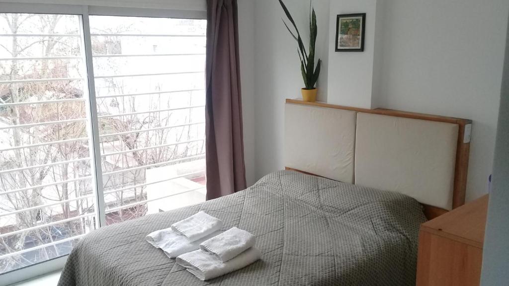 1 dormitorio con 1 cama con 2 almohadas en Terracita Palermo en Buenos Aires